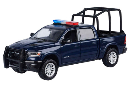 2019 RAM 1500 Laramie Crew Cab Pickup Truck with Bed Cage Dark Blue with Flashing Light Bar and Front and Rear Lights and Sounds 1/27 Diecast Model Car by Motormax Miniature Motors Default Title Default Title-