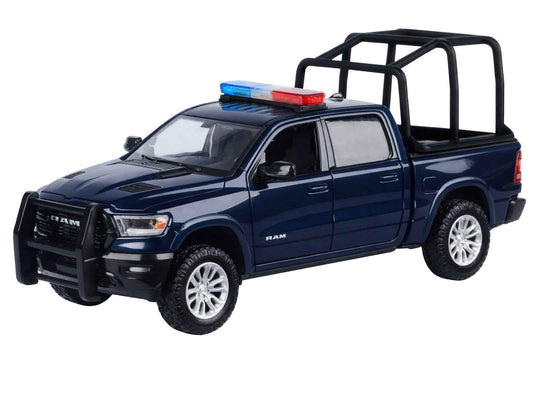 Dark blue diecast pickup model with bed cage and roof light bar, front lights