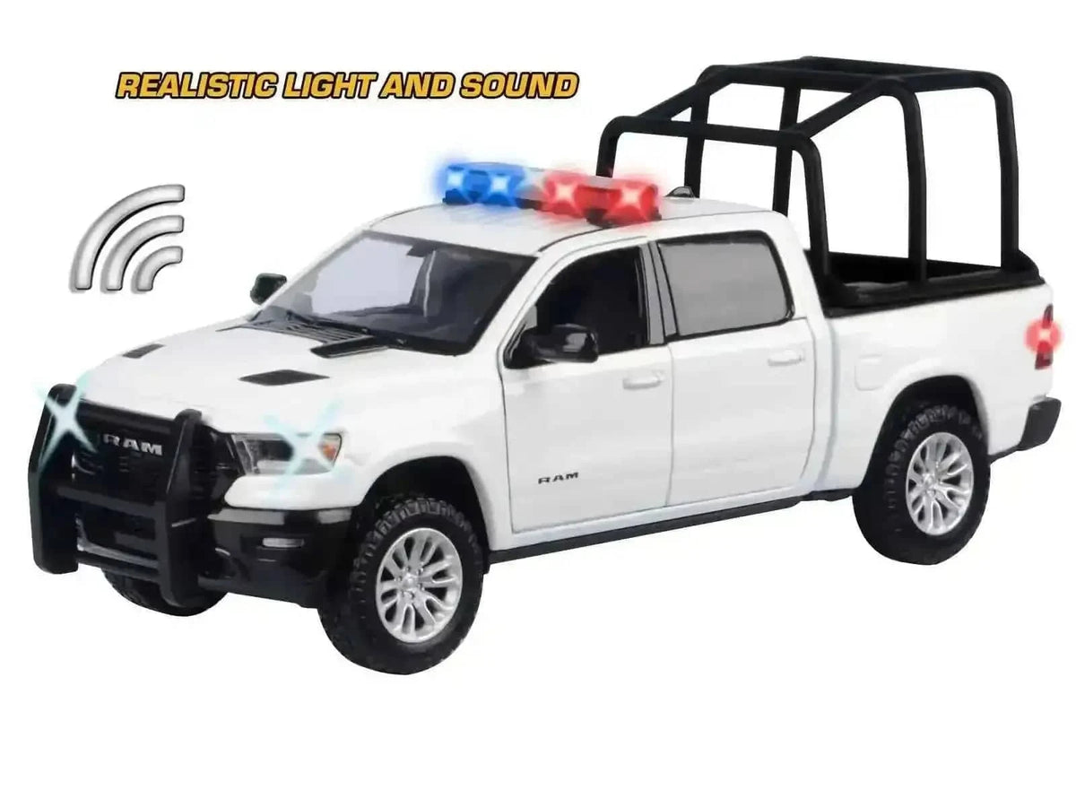 2019 RAM 1500 Laramie Crew Cab Pickup Truck with Bed Cage White with Flashing Light Bar and Front and Rear Lights and Sounds 1/27 Diecast Model Car by Motormax Cartsfy Inc.