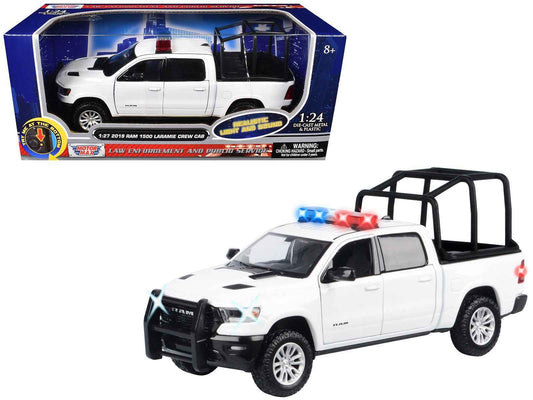 2019 RAM 1500 Laramie Crew Cab Pickup Truck with Bed Cage White with Flashing Light Bar and Front and Rear Lights and Sounds 1/27 Diecast Model Car by Motormax Cartsfy Inc.