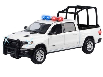 2019 RAM 1500 Laramie Crew Cab Pickup Truck with Bed Cage White with Flashing Light Bar and Front and Rear Lights and Sounds 1/27 Diecast Model Car by Motormax Cartsfy Inc.