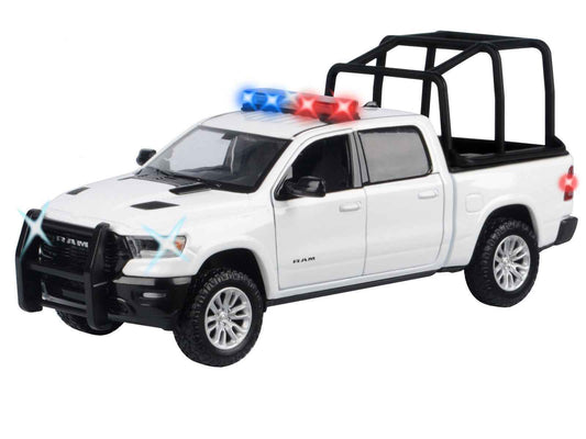 2019 RAM 1500 Laramie Crew Cab Pickup Truck with Bed Cage White with Flashing Light Bar and Front and Rear Lights and Sounds 1/27 Diecast Model Car by Motormax Cartsfy Inc.
