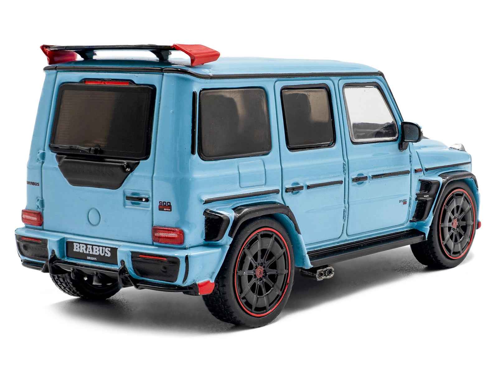 Light blue diecast SUV model car rear three-quarter view with black bumper details