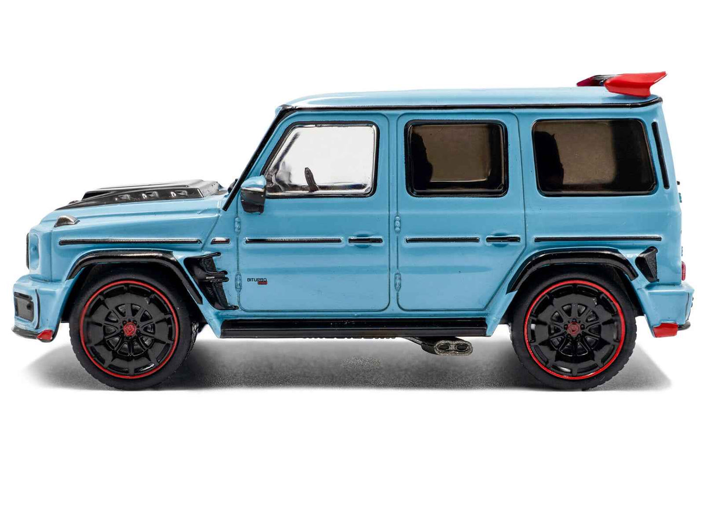 Light blue diecast SUV model car side view with black wheels and red brake accents
