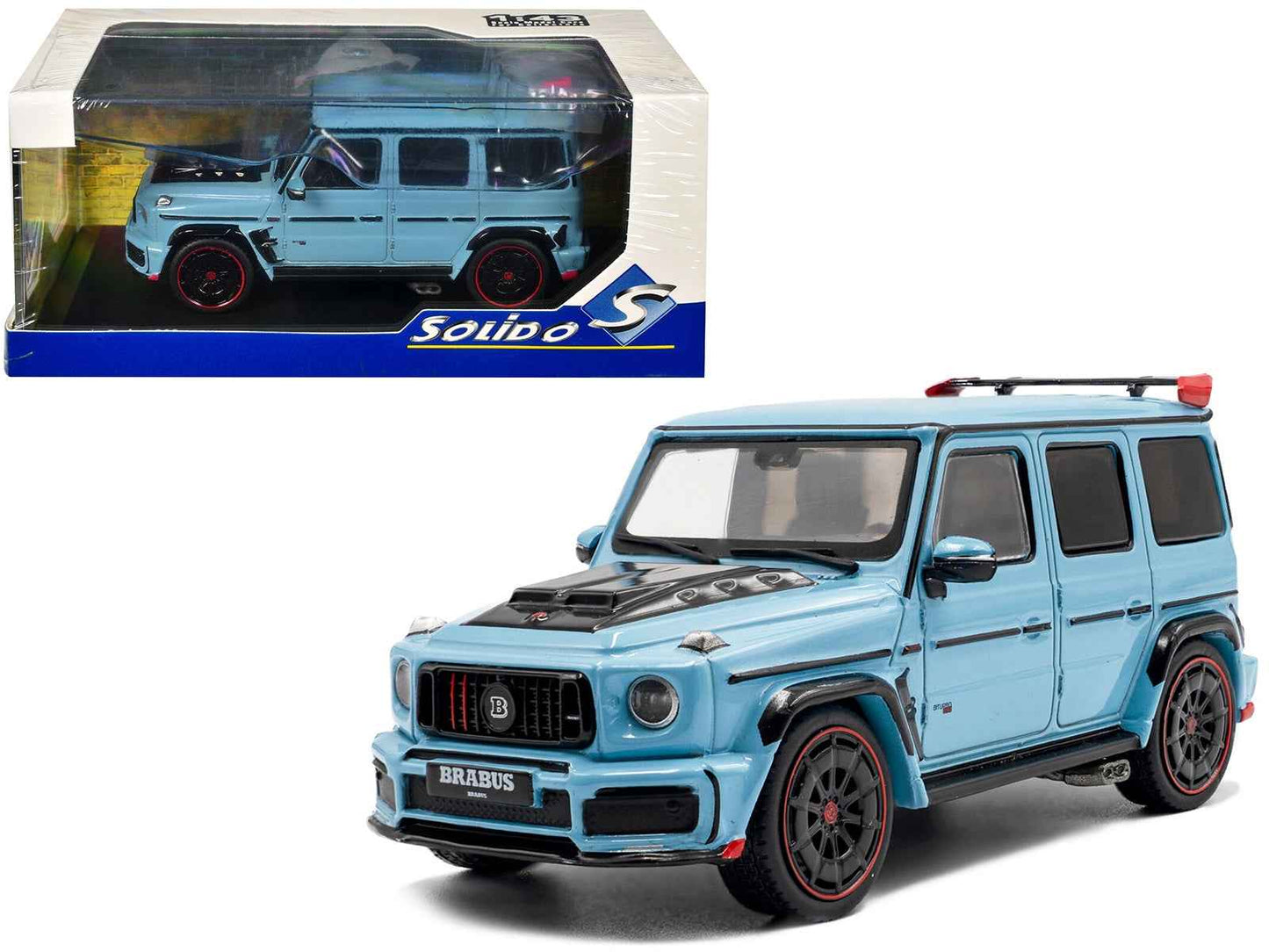 Light blue Brabus-style diecast SUV model car with black hood and red trim