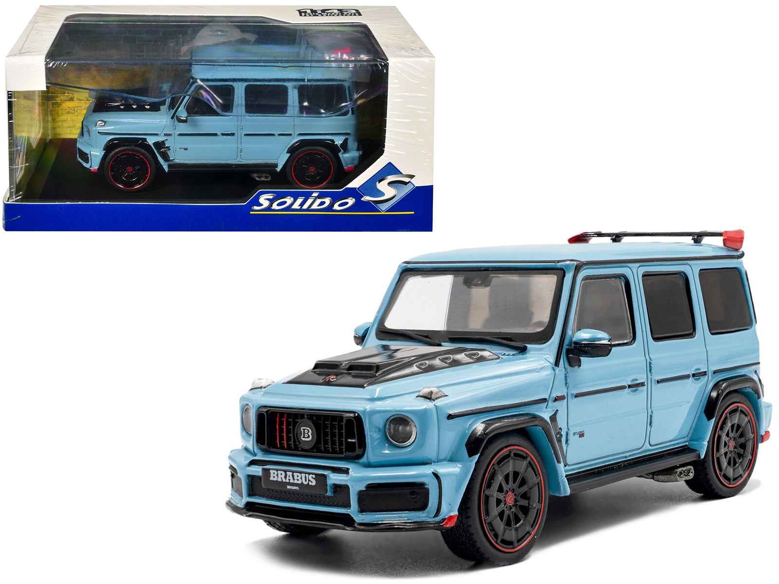 Light blue Brabus-style diecast SUV model car with black hood and red trim