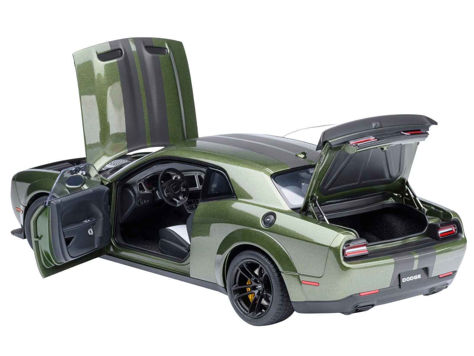 Green 1:18 scale Dodge Challenger model car with open doors and black interior