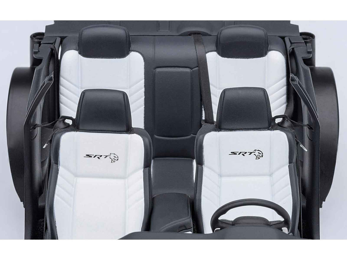 SRT logo black-and-white sports seats with headrests