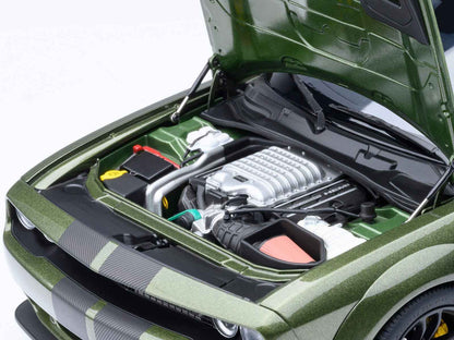 Green 1:18 Dodge Challenger engine bay with exposed supercharger and detailing