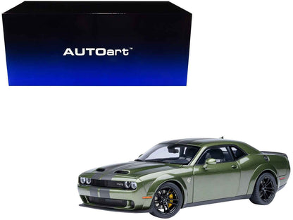 Green 1:18 scale Dodge Challenger model car with carbon-striped hood
