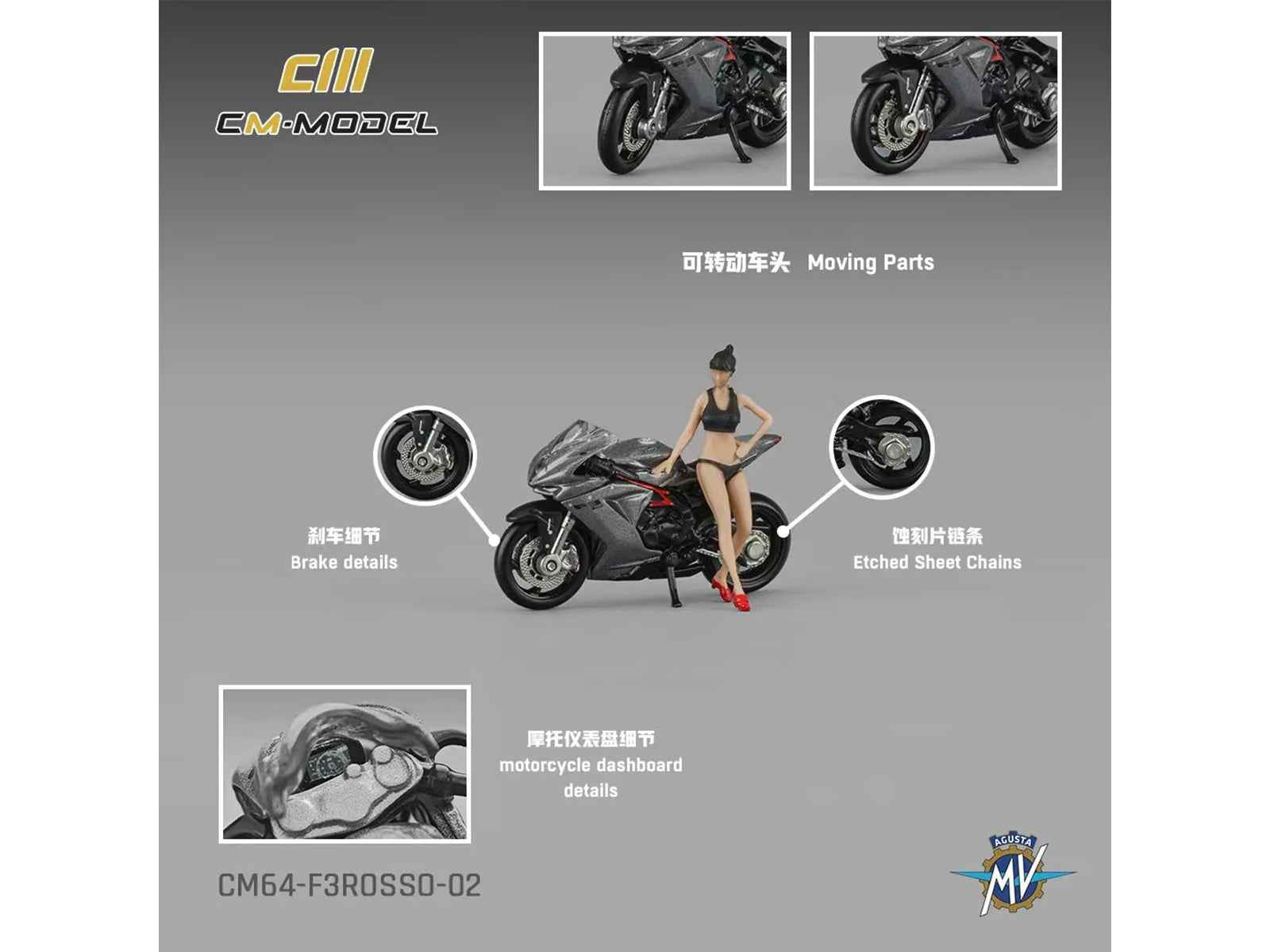 2022 MV Agusta F3 Rosso Motorcycle Silver Metallic with Figure 1/64 Diecast Model by CM Model Miniature Motors Default Title Default Title-