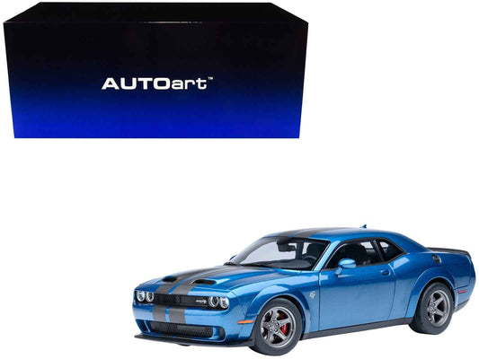 2023 Dodge Challenger SRT Super Stock Frostbite Blue Metallic with Carbon Stripes 1/18 Model Car by Autoart Cartsfy Inc.