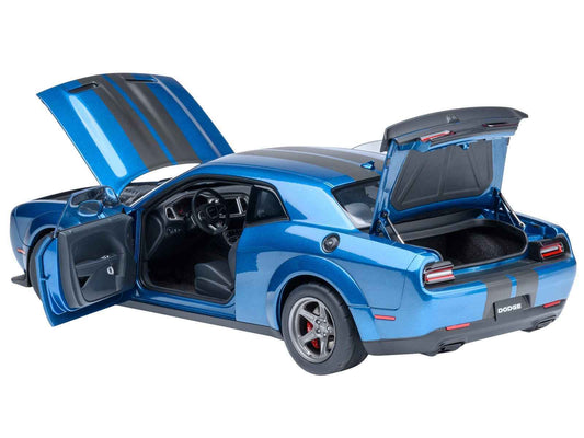 2023 Dodge Challenger SRT Super Stock Frostbite Blue Metallic with Carbon Stripes 1/18 Model Car by Autoart Cartsfy Inc.