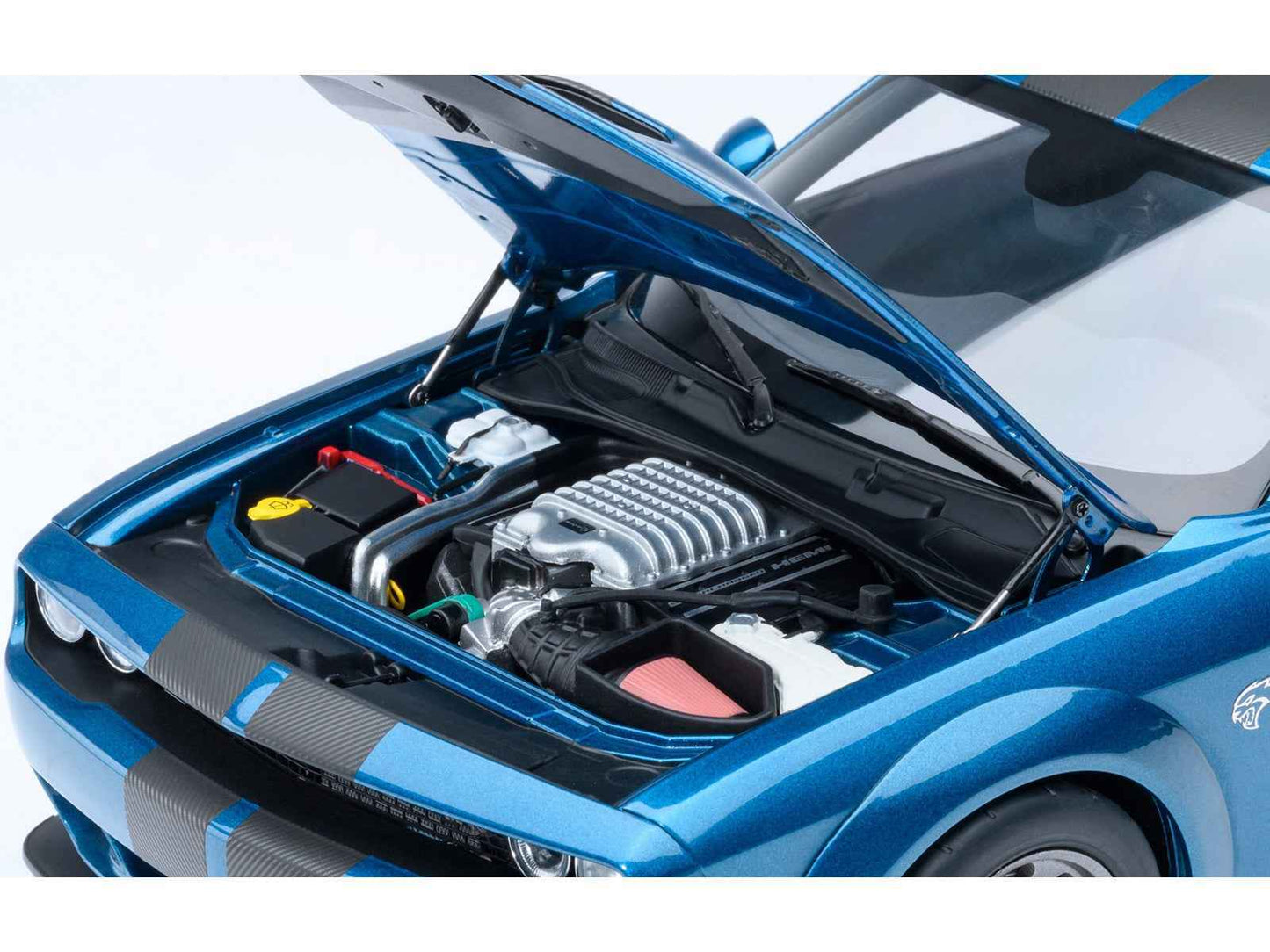 2023 Dodge Challenger SRT Super Stock Frostbite Blue Metallic with Carbon Stripes 1/18 Model Car by Autoart Cartsfy Inc.