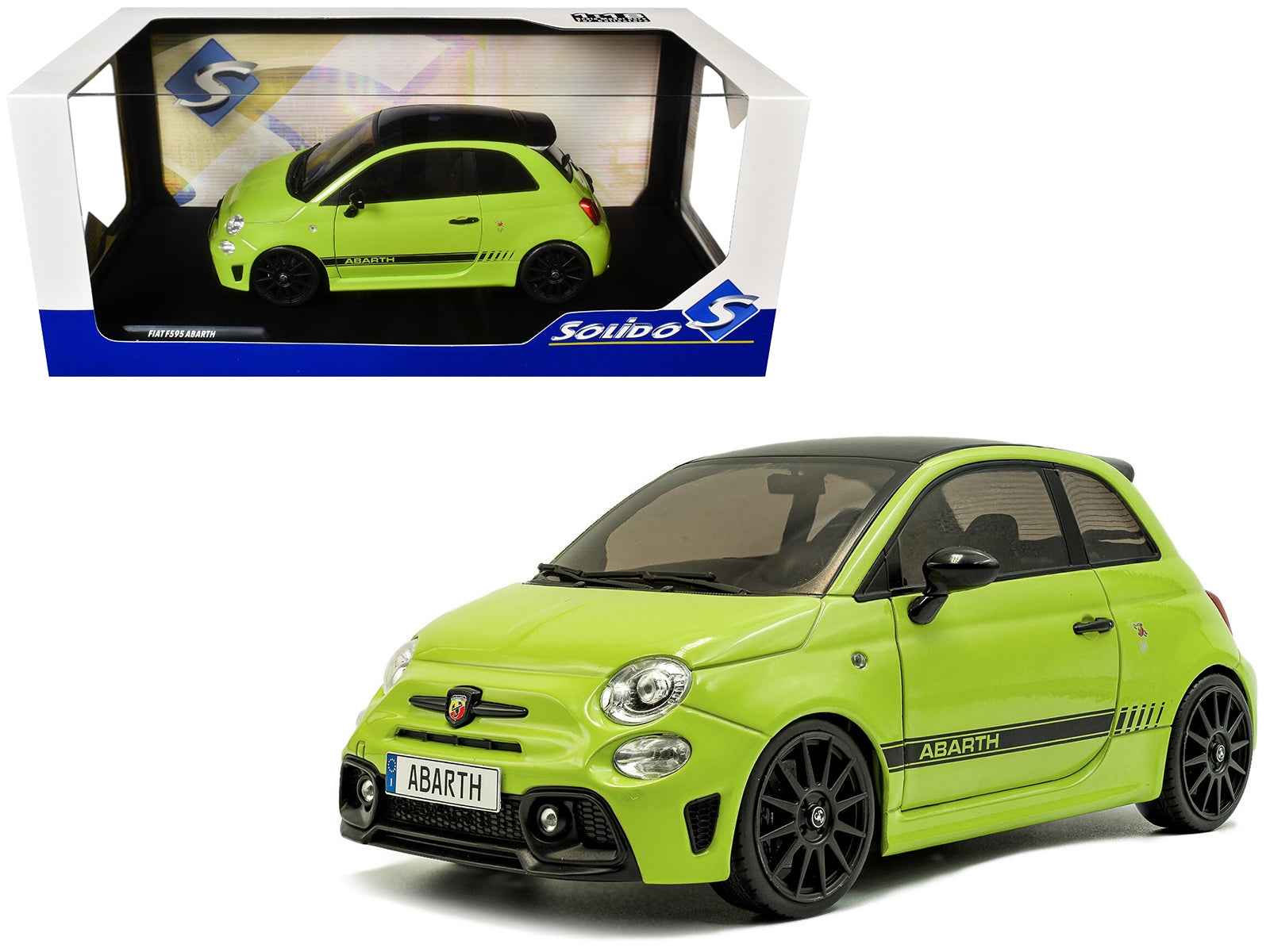 2023 Fiat F595 Abarth Verde Adrenalina Green with Black Top and Stripes 1/18 Diecast Model Car by Solido Miniature Motors Default Title Default Title-