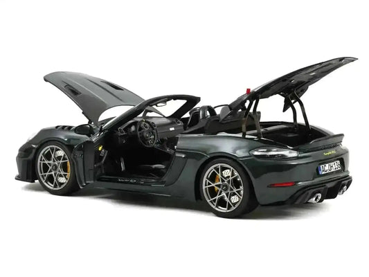 2023 Porsche 718 Spyder RS Weissach Pack Forest Green Metallic with Carbon Hood Stripes 1/18 Diecast Model Car by Norev Cartsfy Inc.