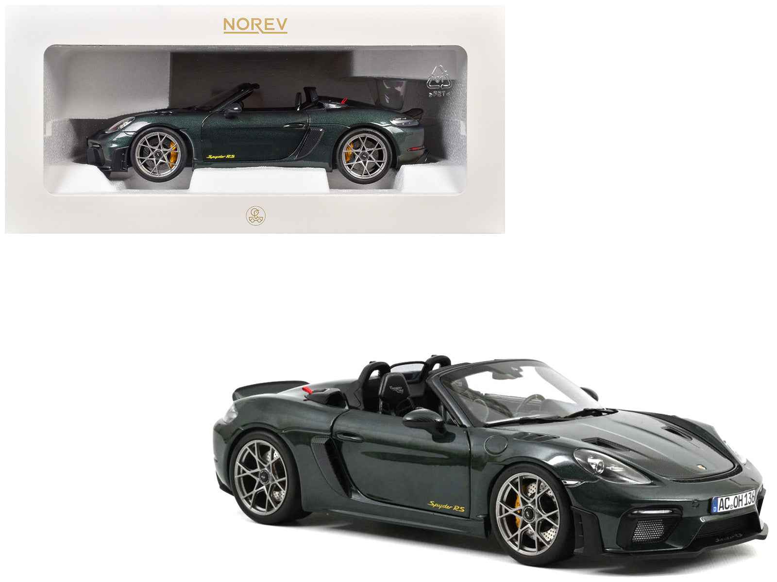 2023 Porsche 718 Spyder RS Weissach Pack Forest Green Metallic with Carbon Hood Stripes 1/18 Diecast Model Car by Norev Miniature Motors Default Title Default Title-