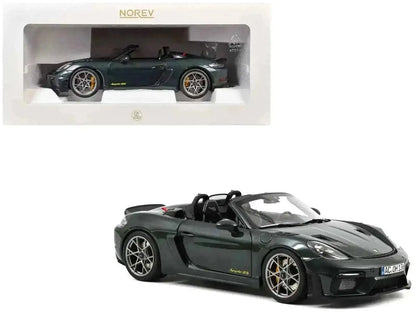 2023 Porsche 718 Spyder RS Weissach Pack Forest Green Metallic with Carbon Hood Stripes 1/18 Diecast Model Car by Norev Cartsfy Inc.