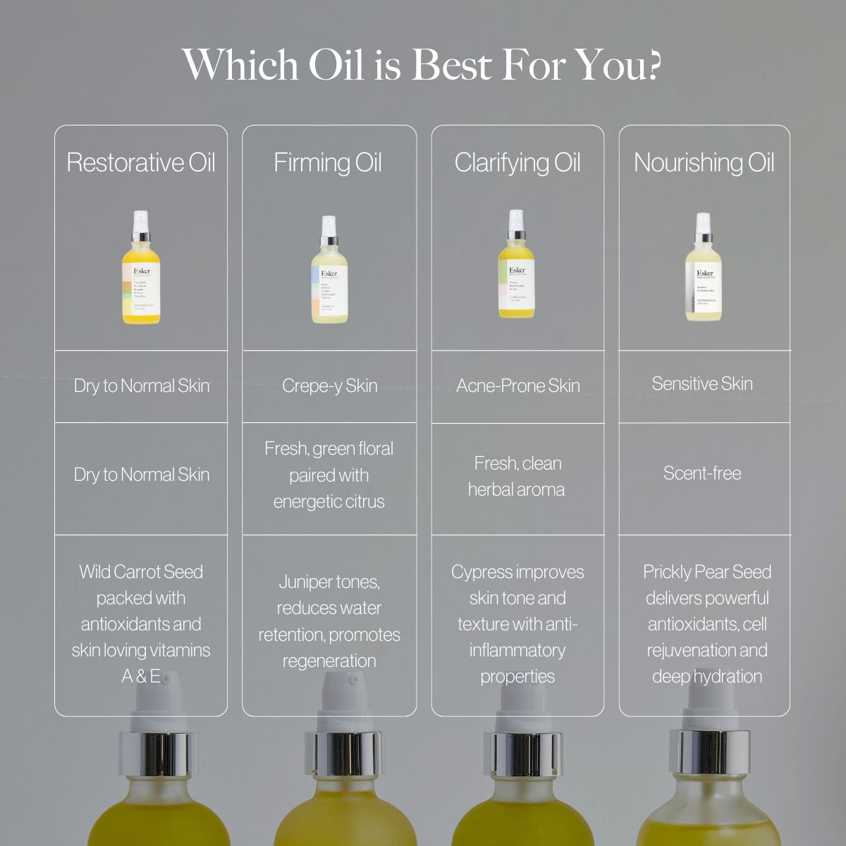 Body oil options chart showing four bottles for different skin types
