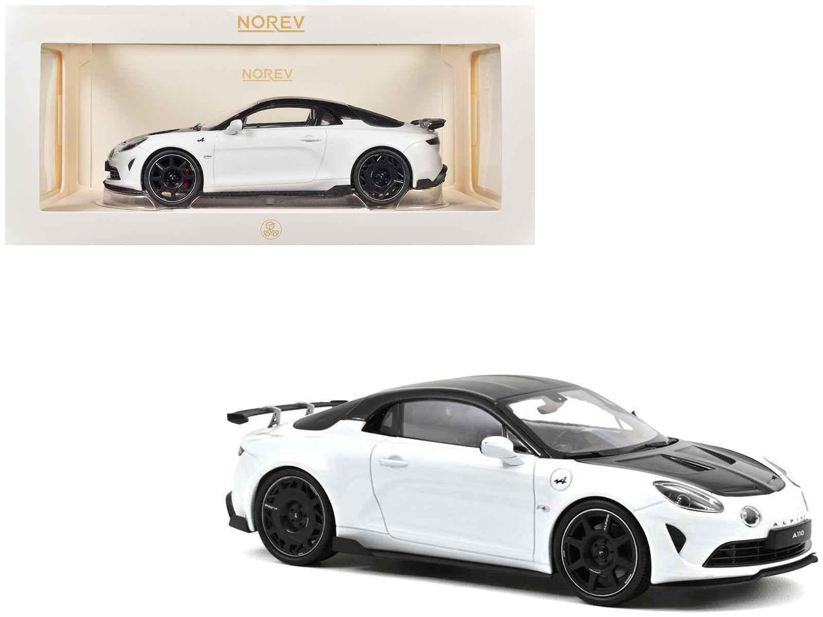 2024 Alpine A110 R Pearl White Metallic with Carbon Hood and Top 1/18 Diecast Model Car by Norev Cartsfy Inc.