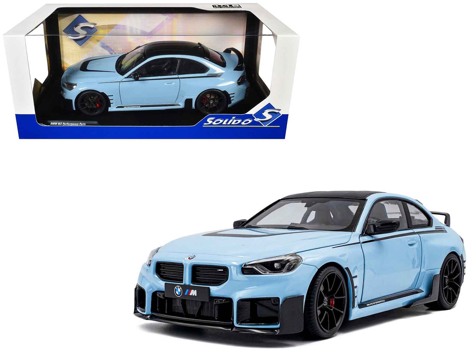 2024 BMW M2 Performance Parts Zandvoort Blue with Carbon Top and Black Stripes 1/18 Diecast Model Car by Solido Cartsfy Inc.