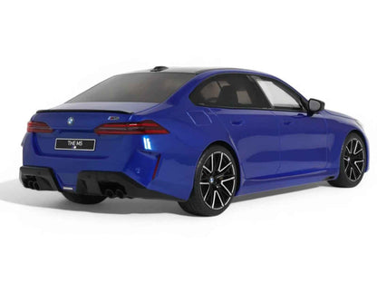 Blue BMW M5 1/18 model car rear 3/4 view with black accents