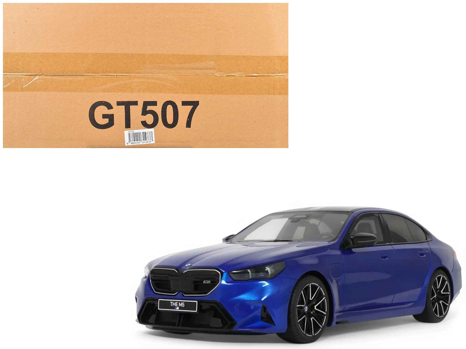 1/18 scale BMW M5 model car in blue with black hood, front 3/4 view