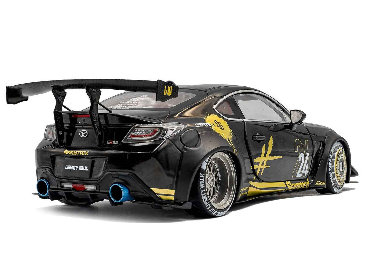 2024 Toyota GR86 Liberty Walk Body Kit RHD (Right Hand Drive) #24 Black with Gold Graphics 1/18 Diecast Model Car by Solido Cartsfy Inc.