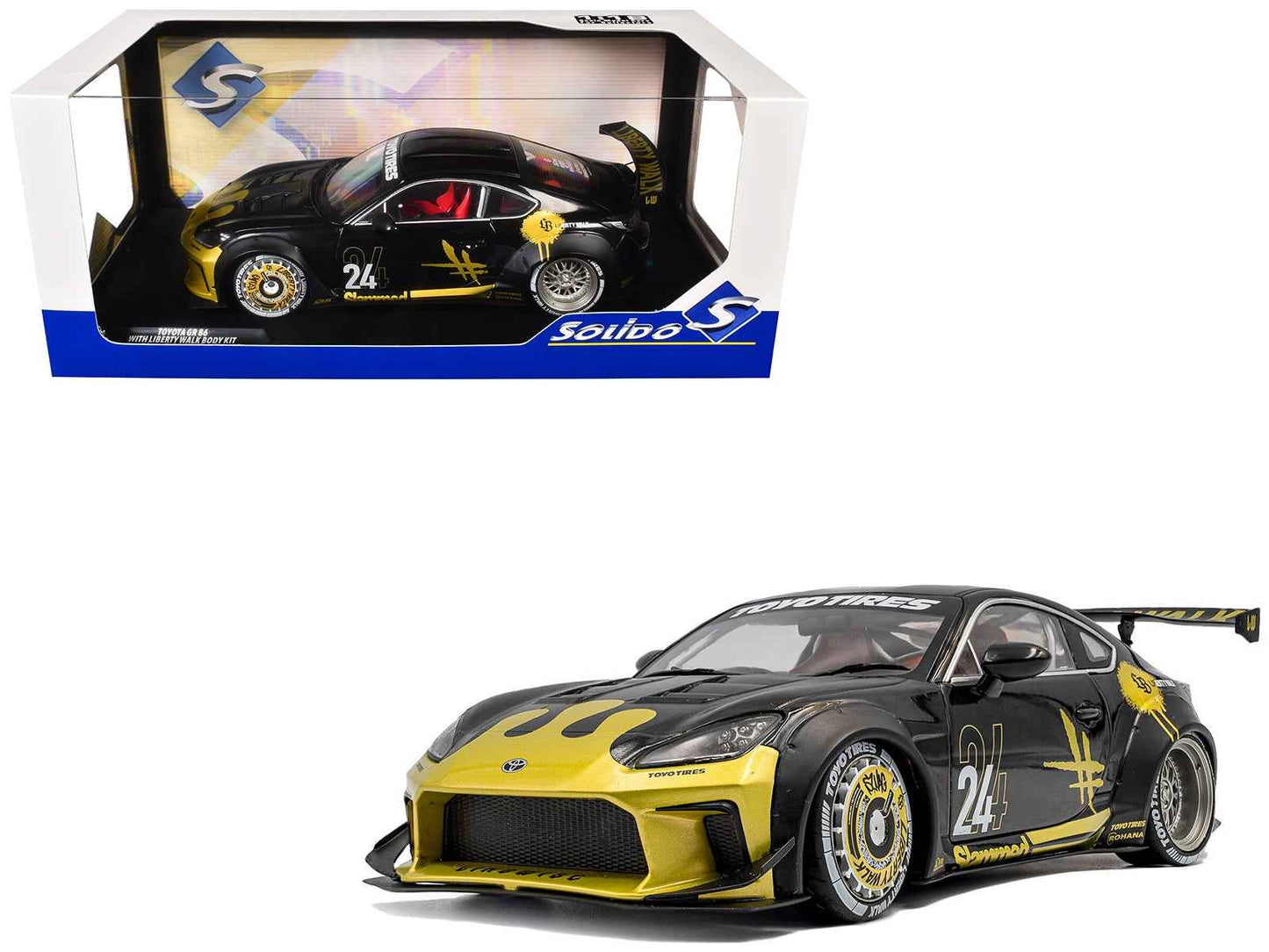2024 Toyota GR86 Liberty Walk Body Kit RHD (Right Hand Drive) #24 Black with Gold Graphics 1/18 Diecast Model Car by Solido Cartsfy Inc.