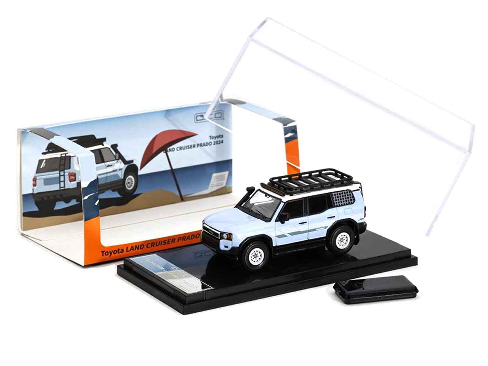2024 Toyota Land Cruiser Prado Light Blue with White Top and Stripes with Roof Rack and Accessory 1/64 Diecast Model Car by GCD Cartsfy Inc.