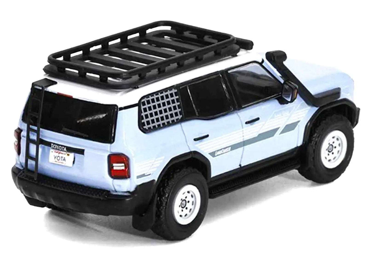 2024 Toyota Land Cruiser Prado Light Blue with White Top and Stripes with Roof Rack and Accessory 1/64 Diecast Model Car by GCD Cartsfy Inc.