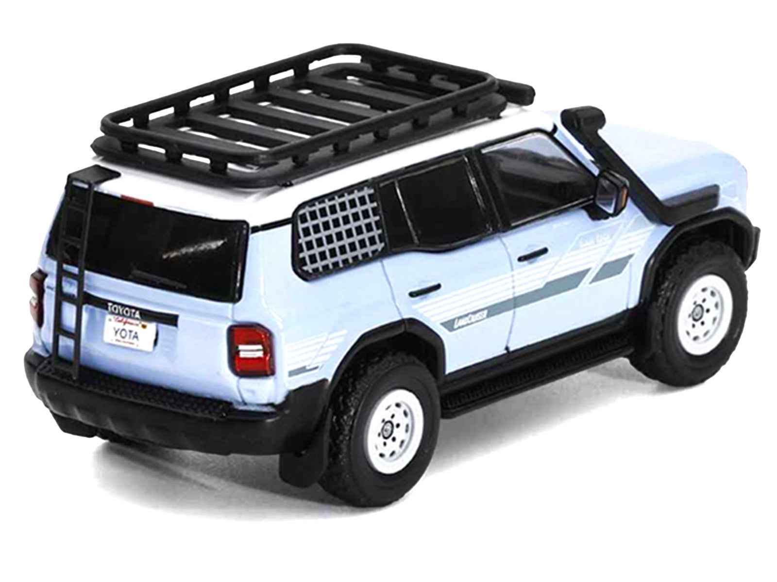 2024 Toyota Land Cruiser Prado Light Blue with White Top and Stripes with Roof Rack and Accessory 1/64 Diecast Model Car by GCD Cartsfy Inc.