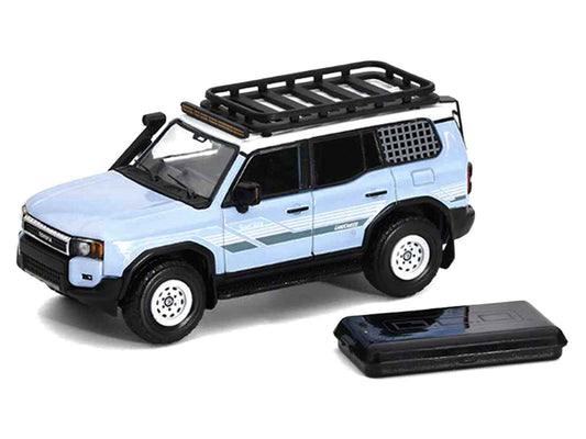 2024 Toyota Land Cruiser Prado Light Blue with White Top and Stripes with Roof Rack and Accessory 1/64 Diecast Model Car by GCD Cartsfy Inc.