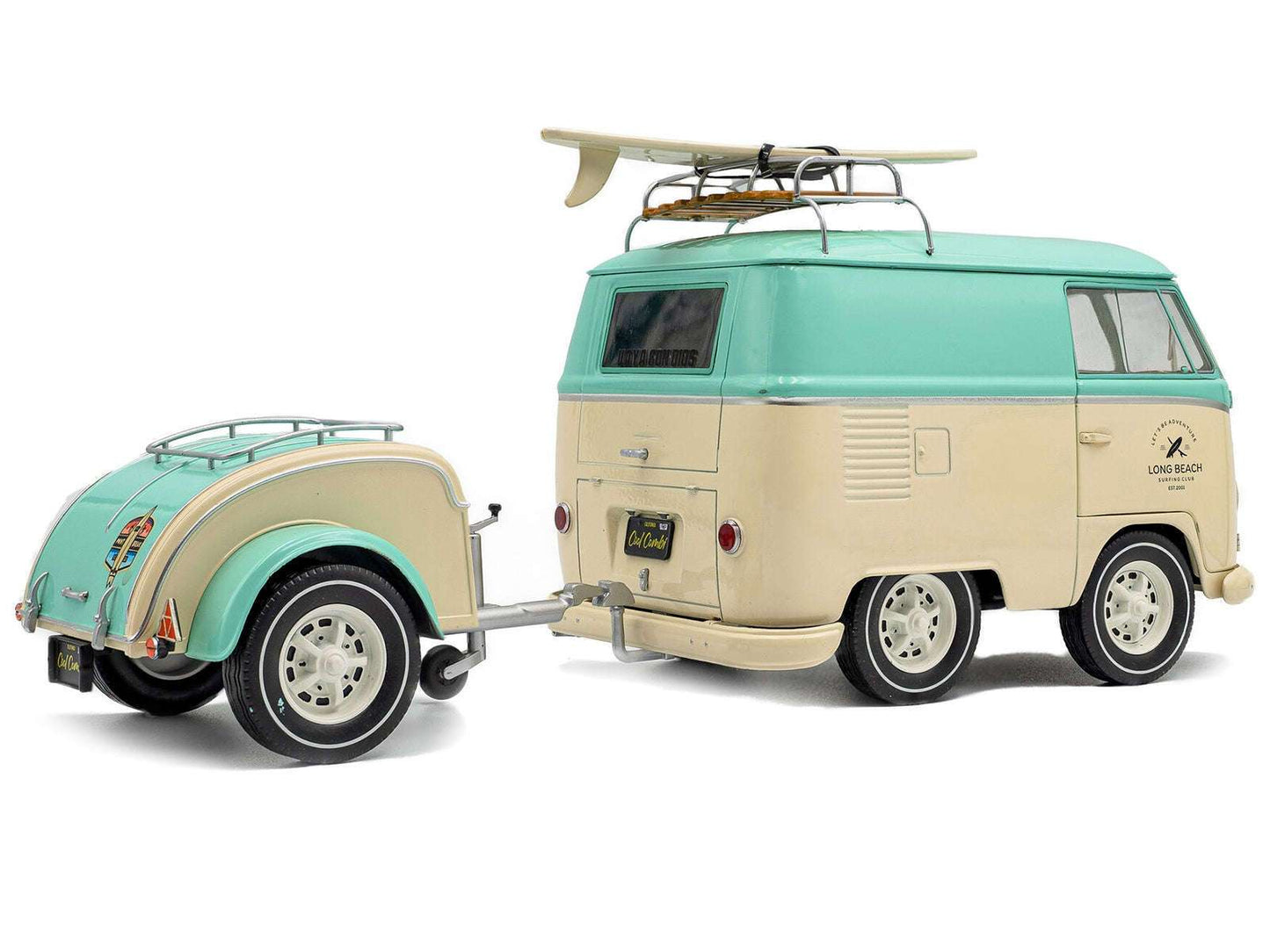 2024 Volkswagen Cool Combi Van with Trailer "Long Beach Surfing Club" Mint Green and Cream with Roof Rack and Surfboard 1/18 Diecast Model Car by Solido Miniature Motors Default Title Default Title-