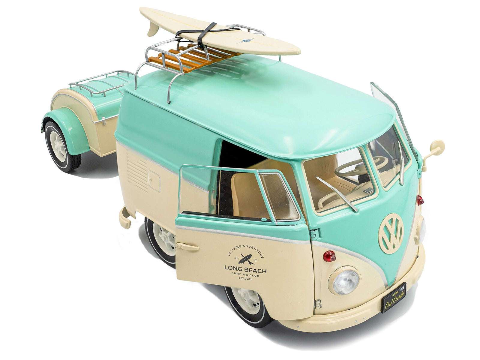 2024 Volkswagen Cool Combi Van with Trailer "Long Beach Surfing Club" Mint Green and Cream with Roof Rack and Surfboard 1/18 Diecast Model Car by Solido Miniature Motors Default Title Default Title-