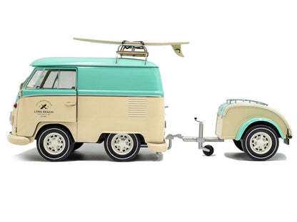 2024 Volkswagen Cool Combi Van with Trailer "Long Beach Surfing Club" Mint Green and Cream with Roof Rack and Surfboard 1/18 Diecast Model Car by Solido Miniature Motors Default Title Default Title-