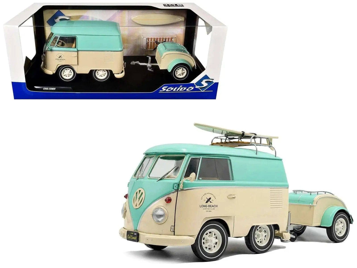 2024 Volkswagen Cool Combi Van with Trailer "Long Beach Surfing Club" Mint Green and Cream with Roof Rack and Surfboard 1/18 Diecast Model Car by Solido Miniature Motors Default Title Default Title-
