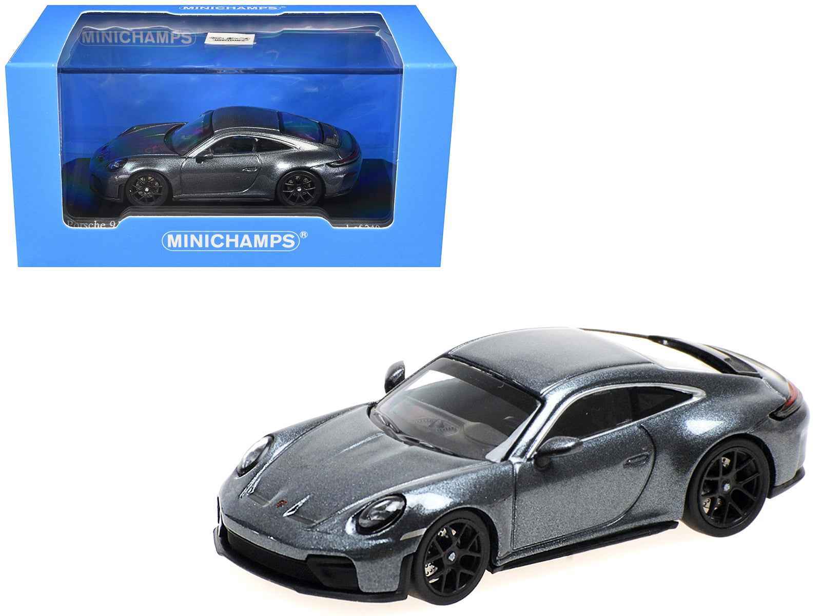 Metallic gray 1/64 diecast Porsche-style sports car model in blue MINICHAMPS box