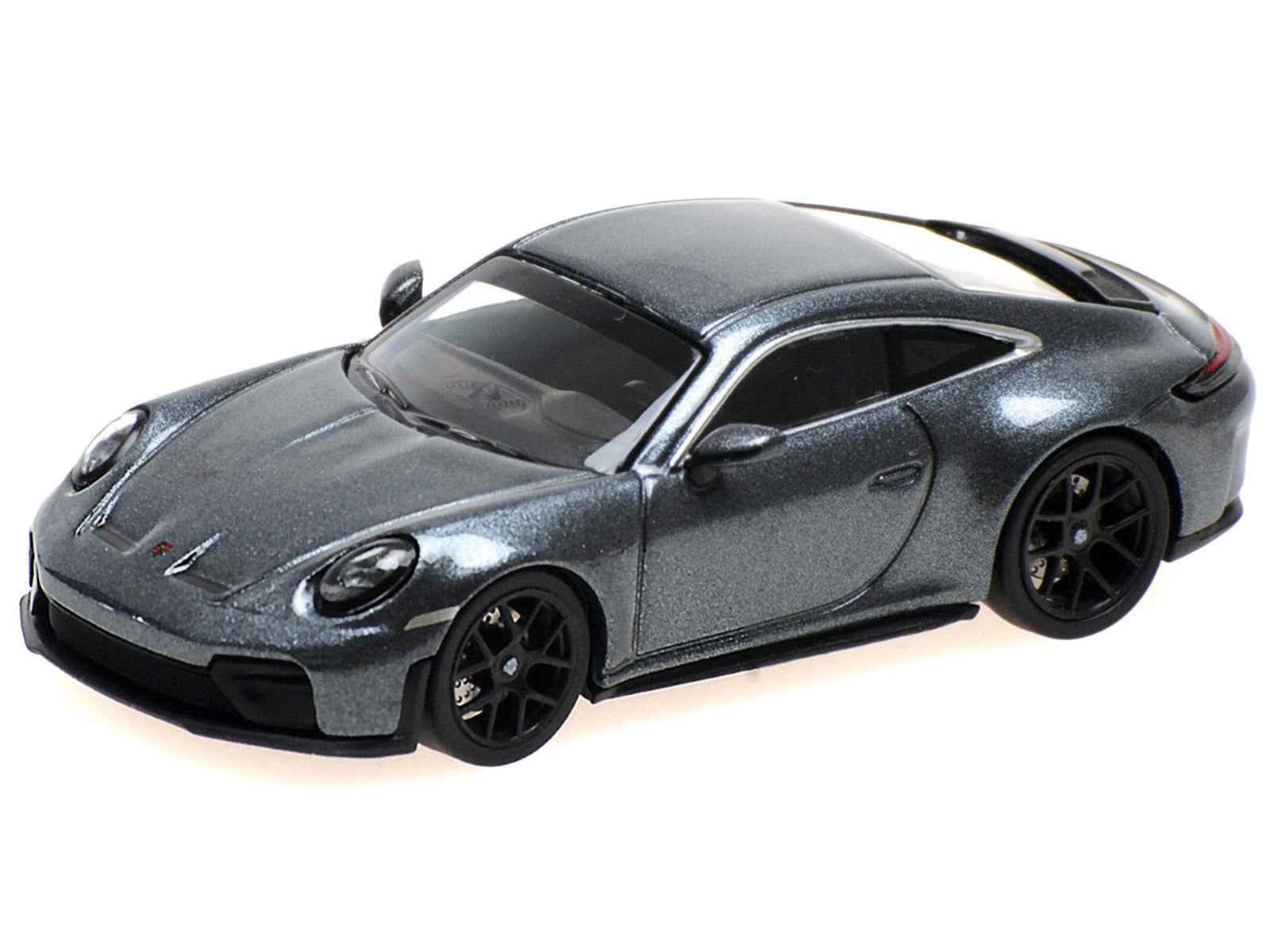 Metallic gray diecast sports car model, black wheels and tinted windows, 3/4 front