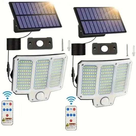 Solar LED wall lamp set with two lamp heads, two solar panels, mounting plates, and screws