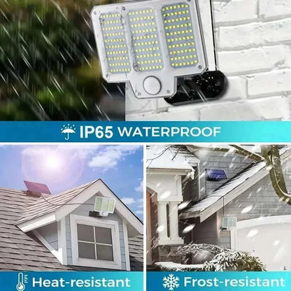 Solar LED wall lamp installed on a wall with rain spray; IP65 waterproof