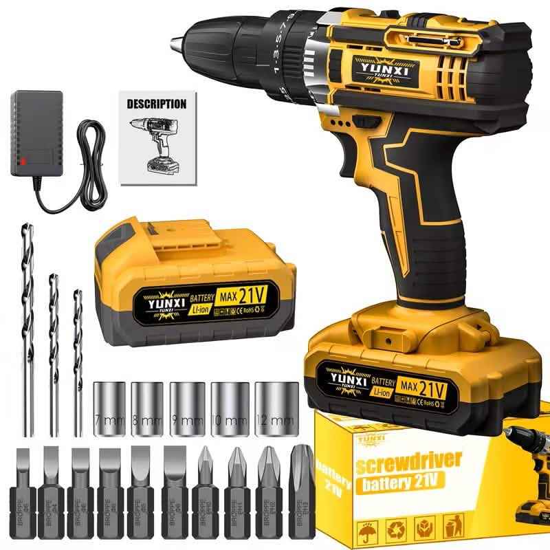 Cordless impact wrench drill kit with battery pack, charger, and metal bits