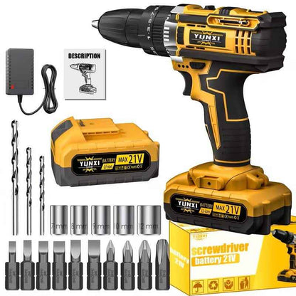 Cordless impact wrench drill kit with battery pack, charger, and metal bits