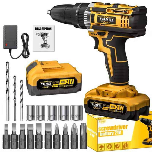 Cordless impact wrench drill kit with battery pack, charger, and metal bits
