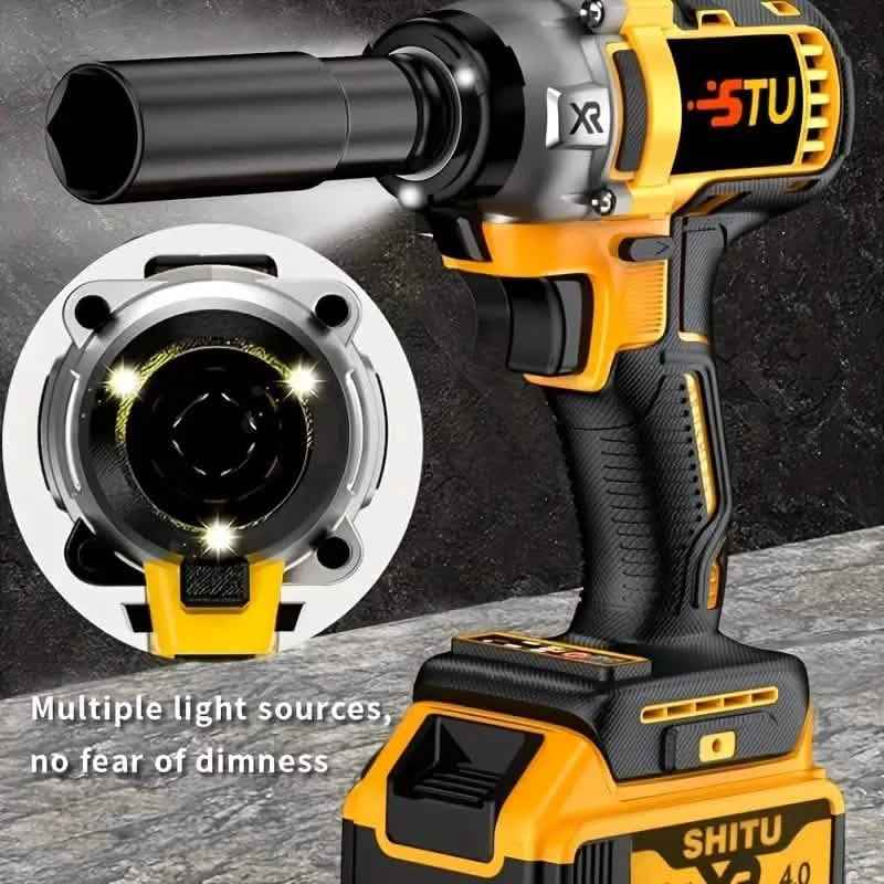 Yellow and black cordless impact wrench drill with side handle and front socket