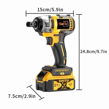 Yellow and black cordless impact wrench drill with size labels 15 cm and 24.8 cm