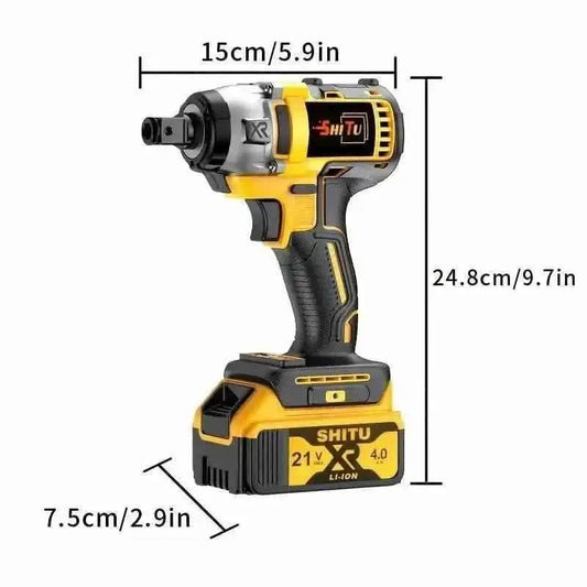 Yellow and black cordless impact wrench drill with size labels 15 cm and 24.8 cm