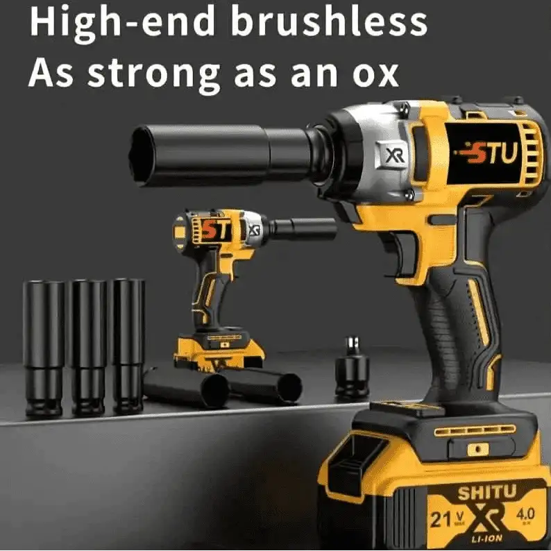 Yellow cordless impact wrench drill with accessory sockets and bit set