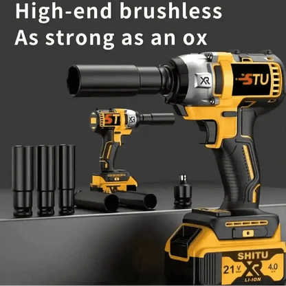 Yellow cordless impact wrench drill with accessory sockets and bit set