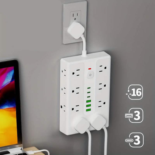 White multi-outlet power strip with angled plug and multiple receptacles, USB ports